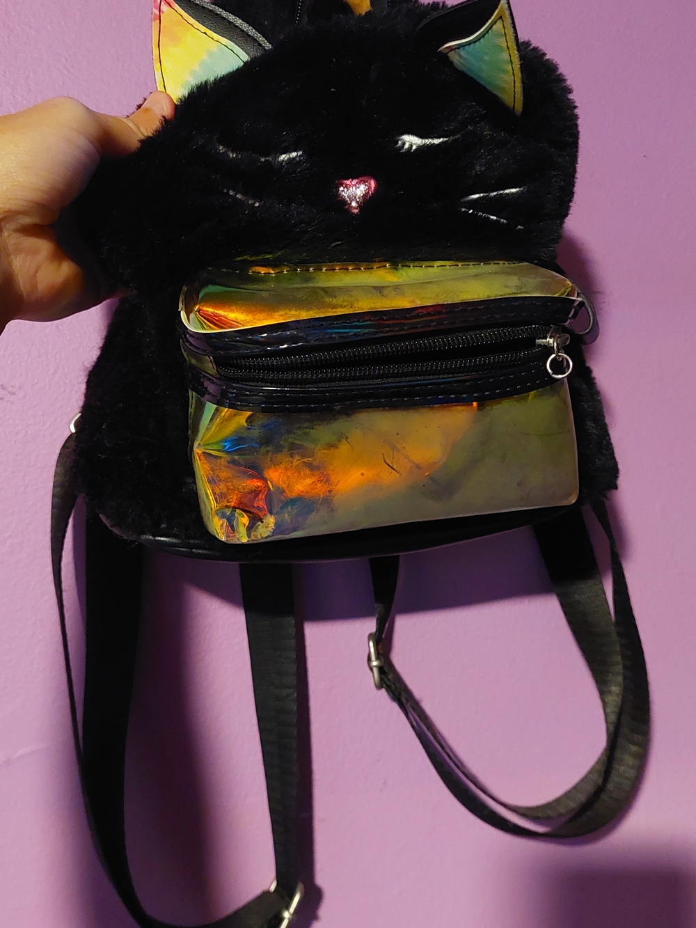 Black Faux Fur Cat Backpack with Iridescent Front Pocket